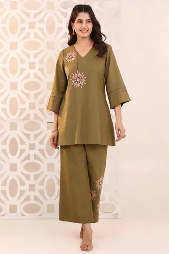 Raftar olive green cotton embroidered co ord sets