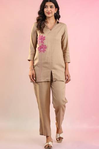 Raftar coffee beige cotton embroidered co ord sets