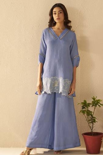 Albeli yale aqua blue viscose rayon embroidered co ord sets