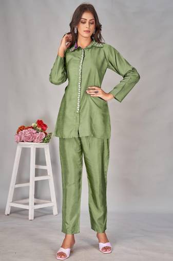 Divya fern green viscose rayon embroidered co ord sets