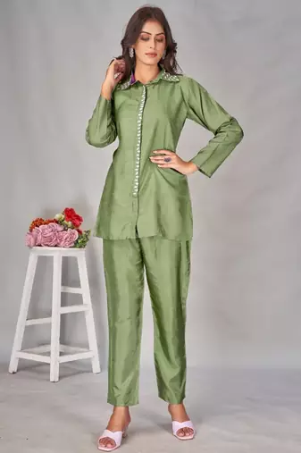 Divya fern green viscose rayon embroidered co ord sets