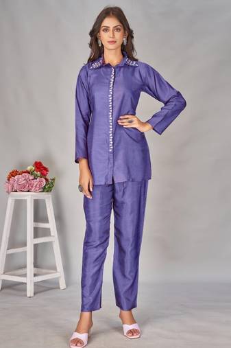 Divya thistle blue viscose rayon embroidered co ord sets