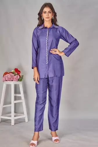 Divya thistle blue viscose rayon embroidered co ord sets