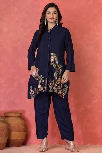 Sabhya prussian blue cotton embroidered co ord sets