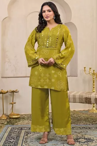 Kara sage green cotton embroidered co ord sets
