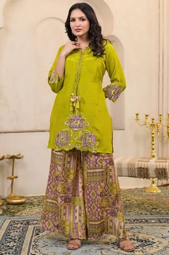 Kara basil green cotton embroidered co ord sets