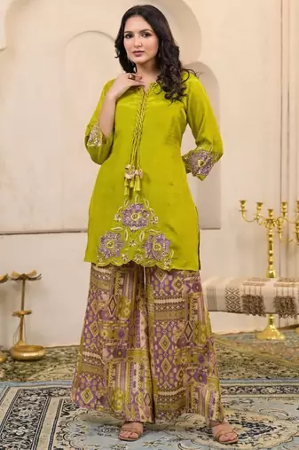 Kara basil green cotton embroidered co ord sets