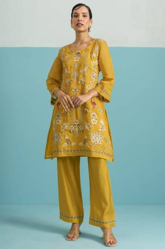 Parikarma amber yellow viscose rayon embroidered co ord sets