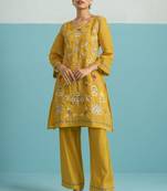 Parikarma amber yellow viscose rayon embroidered co ord sets
