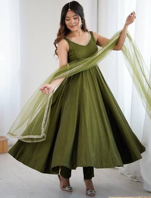 Bright mahendi flared anarkali suit set with dupatta and pants 1
