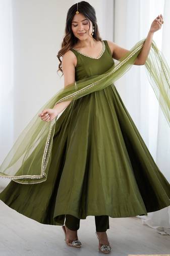 Bright mahendi flared anarkali suit set with dupatta and pants