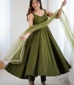 Bright mahendi flared anarkali suit set with dupatta and pants