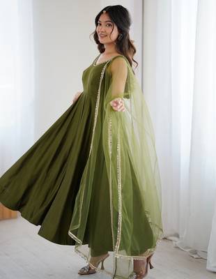 Bright mahendi flared anarkali suit set with dupatta and pants 2