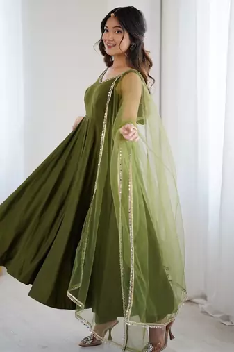 Bright mahendi flared anarkali suit set with dupatta and pants