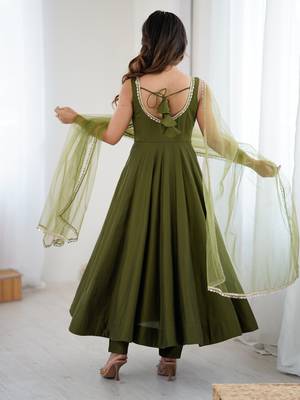 Bright mahendi flared anarkali suit set with dupatta and pants 3