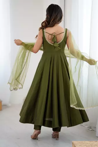 Bright mahendi flared anarkali suit set with dupatta and pants