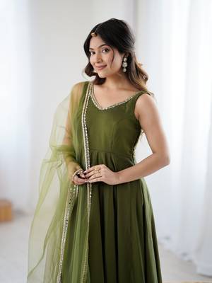 Bright mahendi flared anarkali suit set with dupatta and pants 4