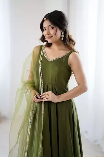 Bright mahendi flared anarkali suit set with dupatta and pants