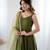 Bright mahendi flared anarkali suit set with dupatta and pants
