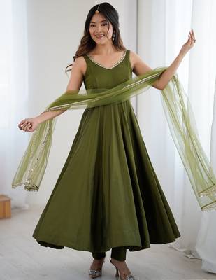 Bright mahendi flared anarkali suit set with dupatta and pants 5