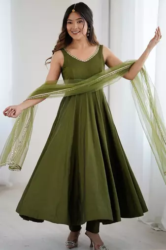 Bright mahendi flared anarkali suit set with dupatta and pants