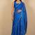 Women's royal blue chevron print golden lace border chiffon saree with unstiched blouse piece