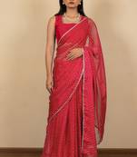 Women's red chevron print golden lace border chiffon saree with unstiched blouse piece