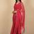Women's red chevron print golden lace border chiffon saree with unstiched blouse piece