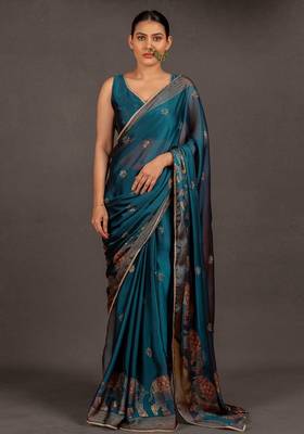 Women's deep magenta foil print block print golden lace border chiffon saree with unstiched blouse piece 1