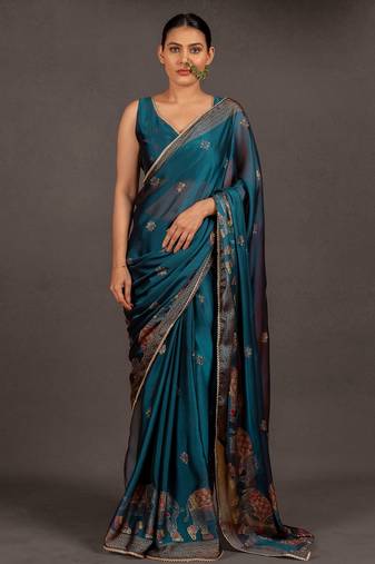 Women's turquoise foil print block print golden lace border chiffon saree with unstiched blouse piece