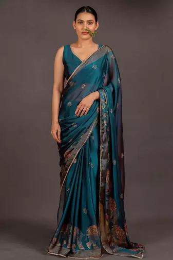 Women's turquoise foil print block print golden lace border chiffon saree with unstiched blouse piece