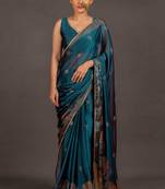 Women's turquoise foil print block print golden lace border chiffon saree with unstiched blouse piece