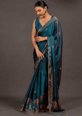 Women's deep magenta foil print block print golden lace border chiffon saree with unstiched blouse piece 2