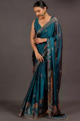 Women's deep magenta foil print block print golden lace border chiffon saree with unstiched blouse piece
