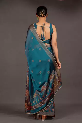 Women's deep magenta foil print block print golden lace border chiffon saree with unstiched blouse piece