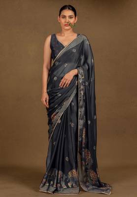 Women's black foil print block print golden lace border chiffon saree with unstiched blouse piece 1