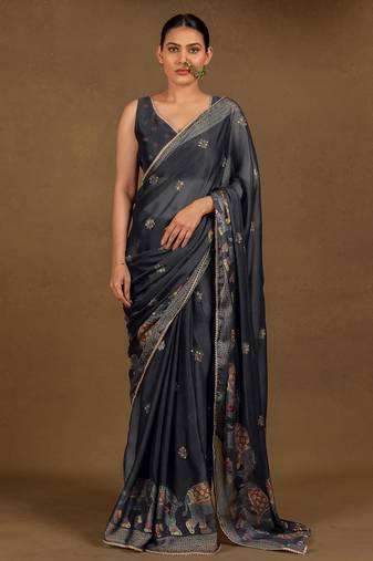 Women's black foil print block print golden lace border chiffon saree with unstiched blouse piece