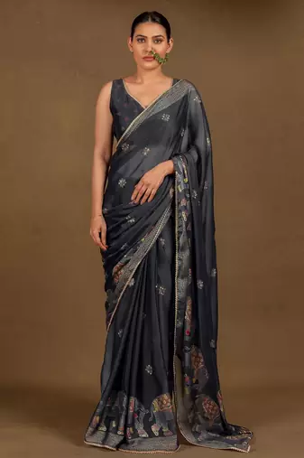 Women's black foil print block print golden lace border chiffon saree with unstiched blouse piece