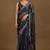 Women's black foil print block print golden lace border chiffon saree with unstiched blouse piece