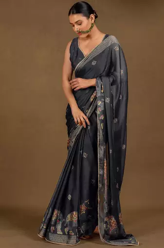 Women's black foil print block print golden lace border chiffon saree with unstiched blouse piece