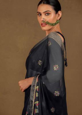 Women's black foil print block print golden lace border chiffon saree with unstiched blouse piece 3