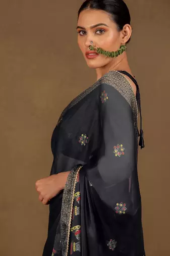 Women's black foil print block print golden lace border chiffon saree with unstiched blouse piece