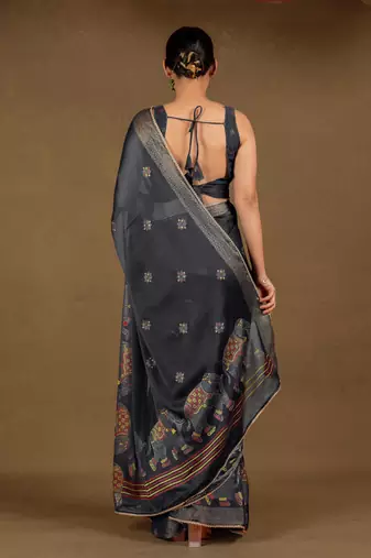 Women's black foil print block print golden lace border chiffon saree with unstiched blouse piece