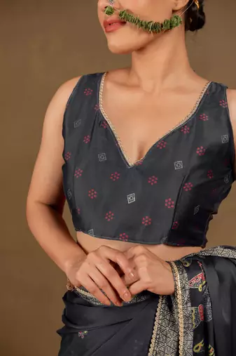 Women's black foil print block print golden lace border chiffon saree with unstiched blouse piece