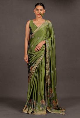 Women's olive green foil print block print golden lace border chiffon saree with unstiched blouse piece 1