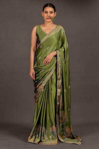 Women's olive green foil print block print golden lace border chiffon saree with unstiched blouse piece