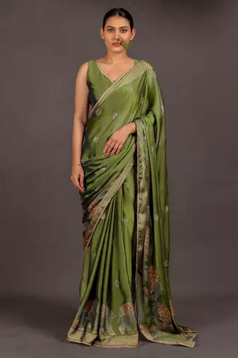 Women's olive green foil print block print golden lace border chiffon saree with unstiched blouse piece