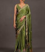 Women's olive green foil print block print golden lace border chiffon saree with unstiched blouse piece
