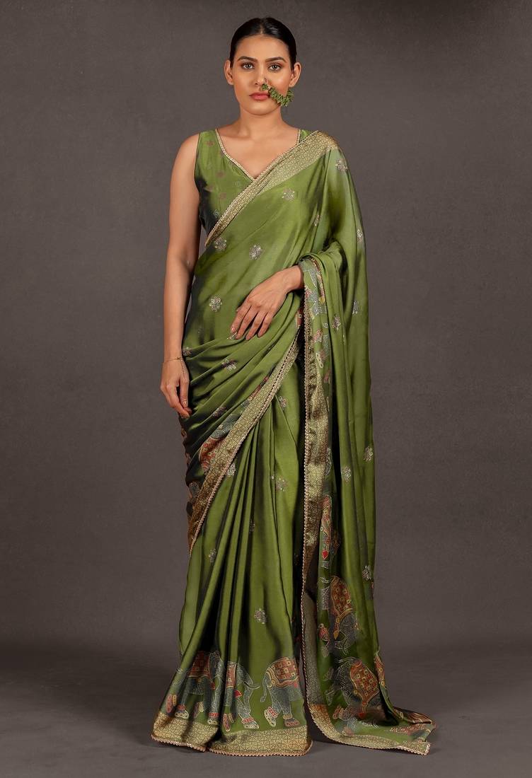 Women's olive green foil print block print golden lace border chiffon saree with unstiched blouse piece