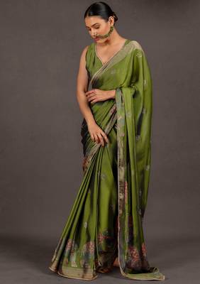 Women's olive green foil print block print golden lace border chiffon saree with unstiched blouse piece 2